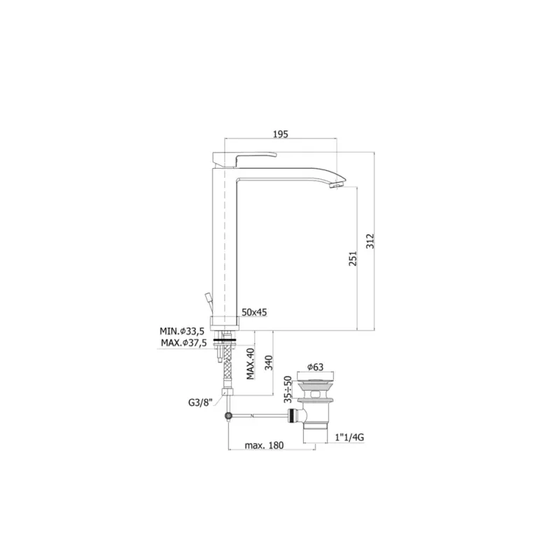 Rubinetto lavabo alto serie Level Paffoni con aeratore M24x1