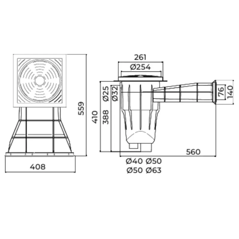 Dettaglio cestello e coperchio skimmer sfioro con flangia