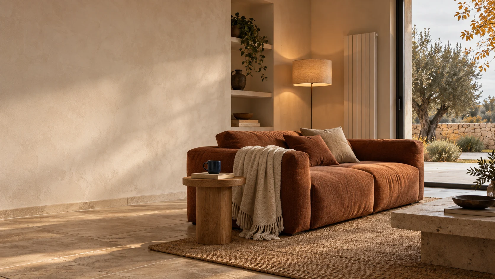 Soggiorno autunnale con divano terracotta, coperta di lana e radiatore accanto alla finestra